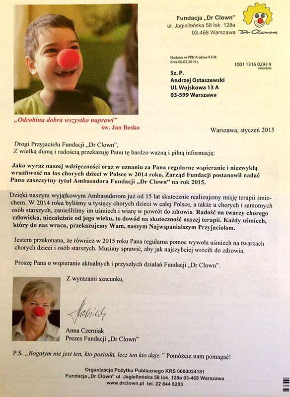Dr Andrzej Ostaszewski Ambasadorem Fundacji "Dr Clown"